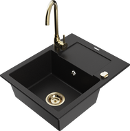 Mexen Enzo granitový dřez 1-komorový s odkapávačem a kuchyňskou baterií Telma, černý - 6506-77-670200-50