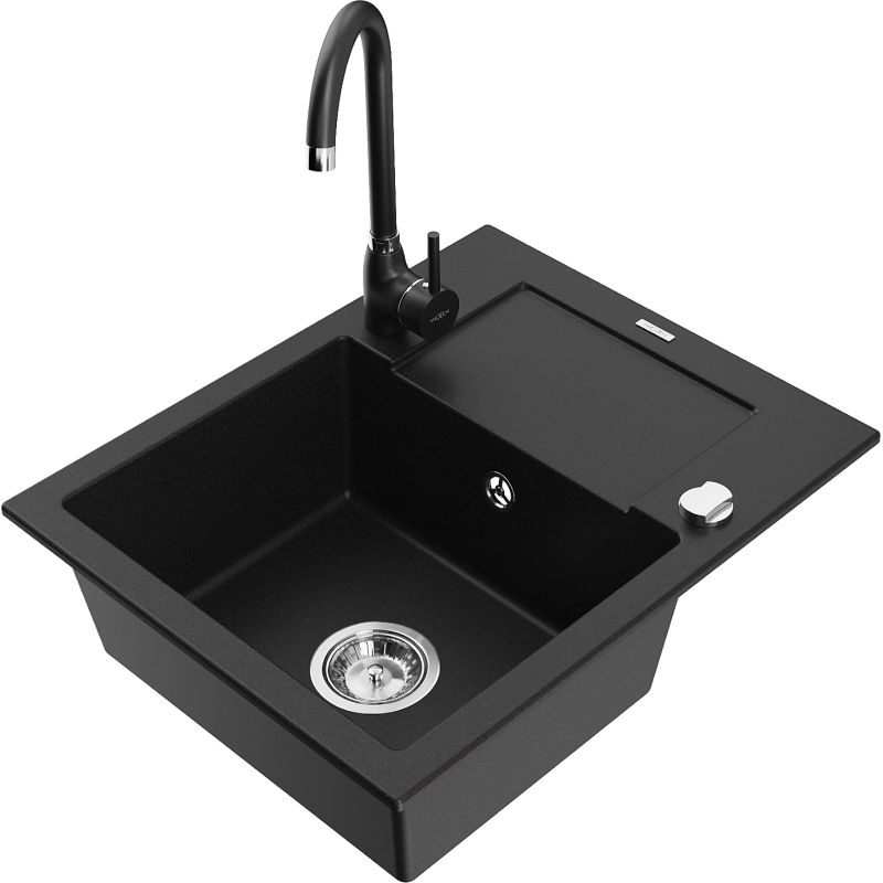 Mexen Enzo granitový dřez s 1 komorou s odkapávačem a kuchyňskou baterií Telma, černý - 6506-77-670200-70