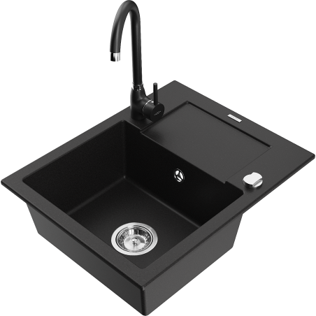 Mexen Enzo granitový dřez s 1 komorou s odkapávačem a kuchyňskou baterií Telma, černý - 6506-77-670200-70