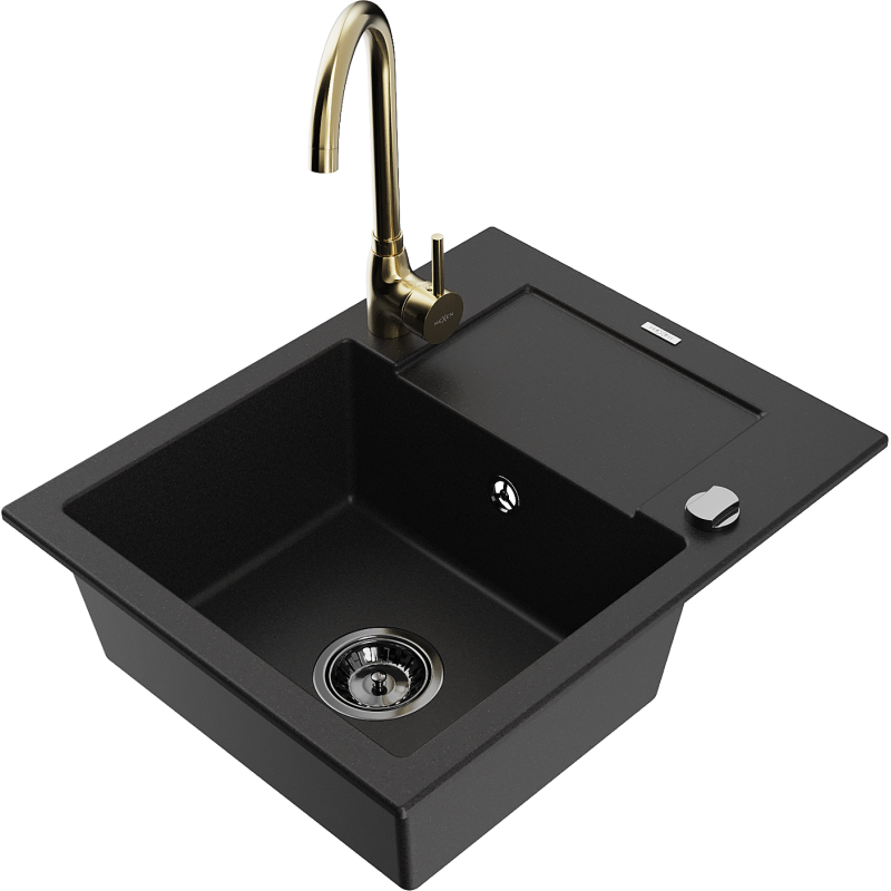 Mexen Enzo granitový dřez 1-komorový s odkapávačem a kuchyňskou baterií Telma, černý - 6506-77-670200-50-B