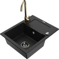 Mexen Enzo granitový dřez 1-komorový s odkapávačem a kuchyňskou baterií Telma, černý - 6506-77-670200-50-B