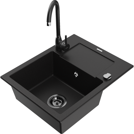 Mexen Enzo granitový dřez 1-komorový s odkapávačem a kuchyňskou baterií Telma, černý - 6506-77-670200-70-B