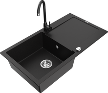Mexen Leo granitový dřez 1-komorový s odkapávačem a kuchyňskou baterií Telma, černý - 6501-77-670200-70