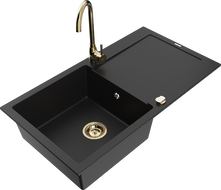 Mexen Leo kuchyňský dřez z granitu 1-komorový s odkapávačem a kuchyňskou baterií Telma, černý - 6501-77-670200-50