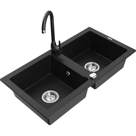 Mexen Mario dvoukomorový žulový dřez s kuchyňskou baterií Telma, černý - 6504-77-670200-70