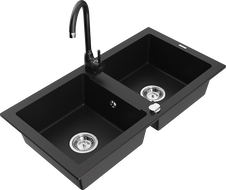 Mexen Mario dvoukomorový žulový dřez s kuchyňskou baterií Telma, černý - 6504-77-670200-70