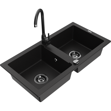 Mexen Mario granitový dřez 2-komorový s kuchyňskou baterií Telma, černý - 6504-77-670200-70-B