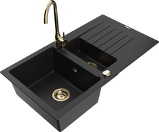 Mexen Matias granitový dřez 1,5-komorový s odkapávačem a kuchyňskou baterií Telma, černý - 6502-77-670200-50