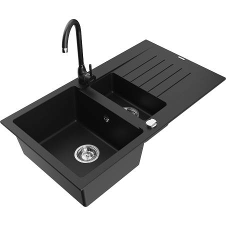 Mexen Matias žulový dřez 1,5-komorový s odkapávačem a kuchyňskou baterií Telma, černý - 6502-77-670200-70