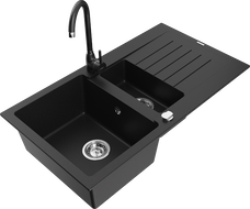 Mexen Matias žulový dřez 1,5-komorový s odkapávačem a kuchyňskou baterií Telma, černý - 6502-77-670200-70