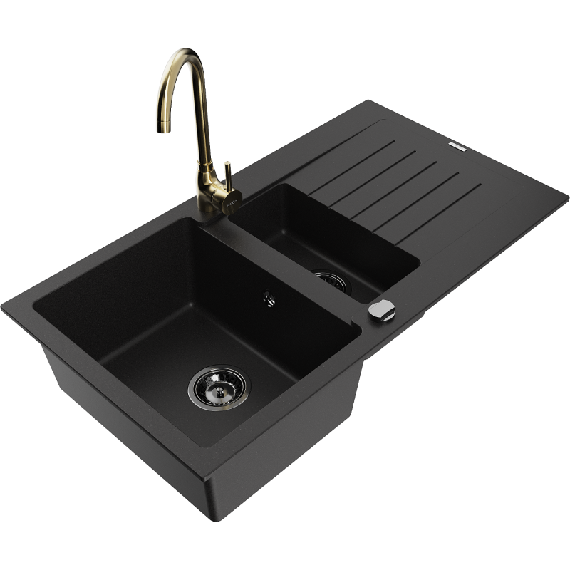 Mexen Matias granitový dřez 1,5-komorový s odkapávačem a kuchyňskou baterií Telma, černý - 6502-77-670200-50-B
