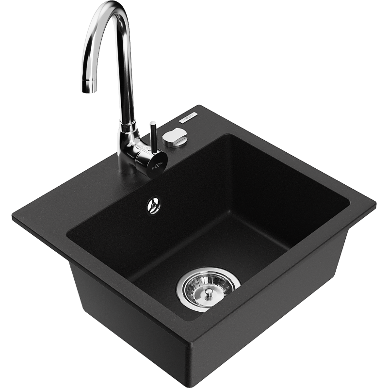 Mexen Milo granitový dřez 1-komorový s kuchyňskou baterií Telma, černý - 6505-77-670200-00