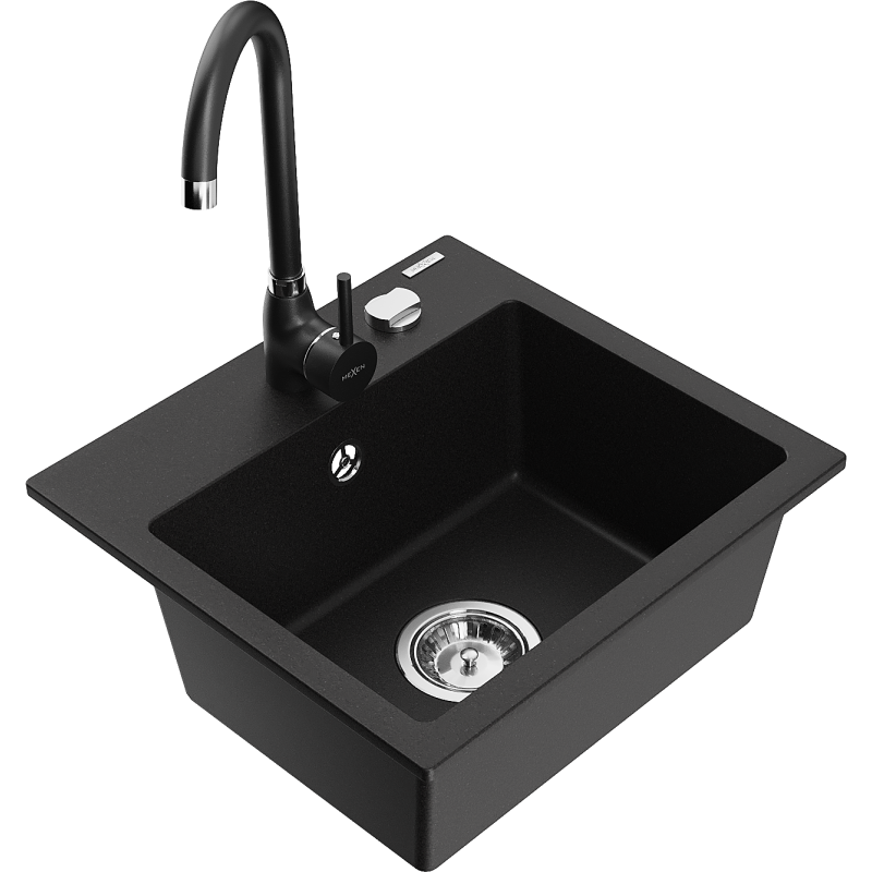 Mexen Milo granitový dřez 1-komorový s kuchyňskou baterií Telma, černý - 6505-77-670200-70