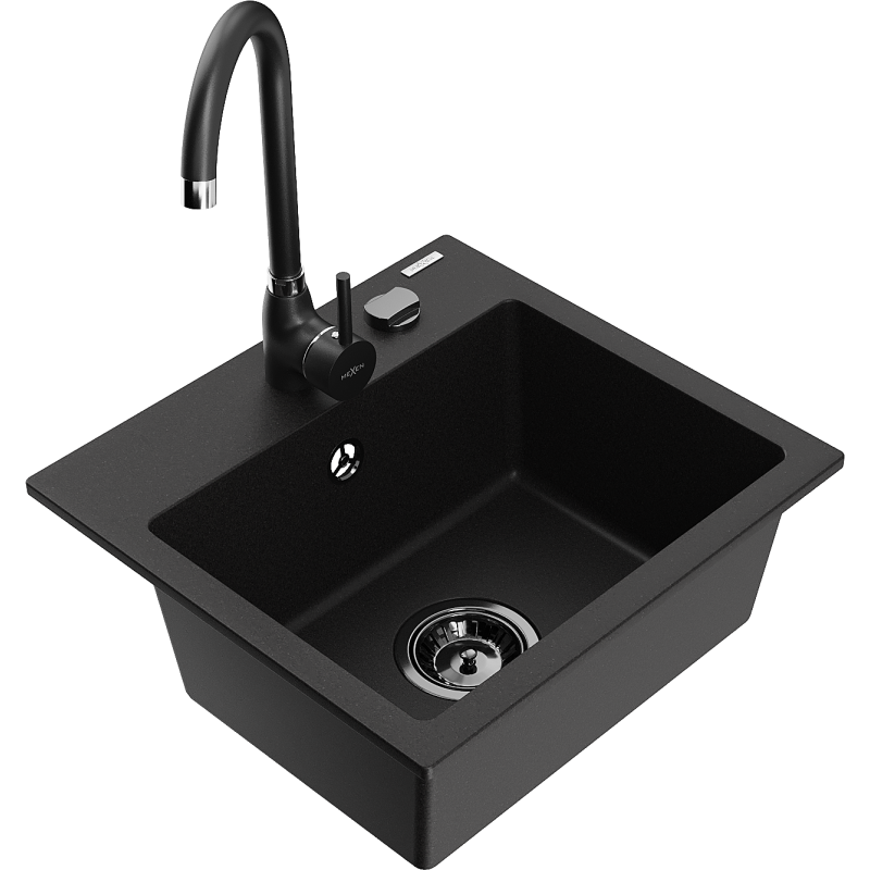 Mexen Milo granitový dřez 1-komorový s kuchyňskou baterií Telma, černý - 6505-77-670200-70-B