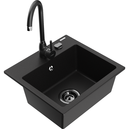 Mexen Milo granitový dřez 1-komorový s kuchyňskou baterií Telma, černý - 6505-77-670200-70-B