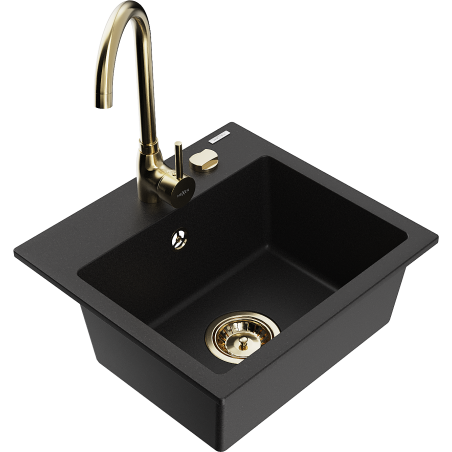 Mexen Milo granitový dřez 1-komorový s kuchyňskou baterií Telma, černý - 6505-77-670200-50