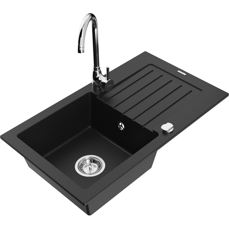 Mexen Pablo žulový dřez 1-komorový s odkapávačem a kuchyňskou baterií Telma, černý - 6510-77-670200-00