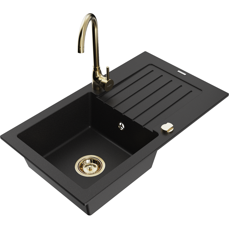 Mexen Pablo granitový dřez 1-komorový s odkapávačem a kuchyňskou baterií Telma, černý - 6510-77-670200-50