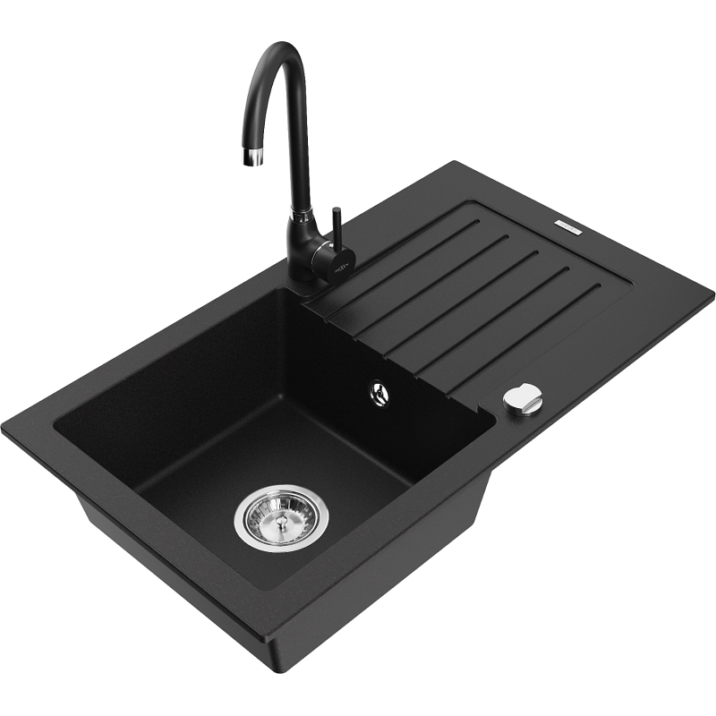 Mexen Pablo granitový dřez s 1 komorou a odkapávačem a kuchyňskou baterií Telma, černý - 6510-77-670200-70