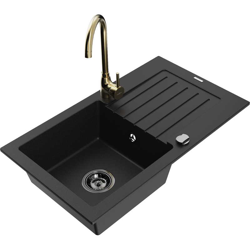 Mexen Pablo granitový dřez 1-komorový s odkapávačem a kuchyňskou baterií Telma, černý - 6510-77-670200-50-B