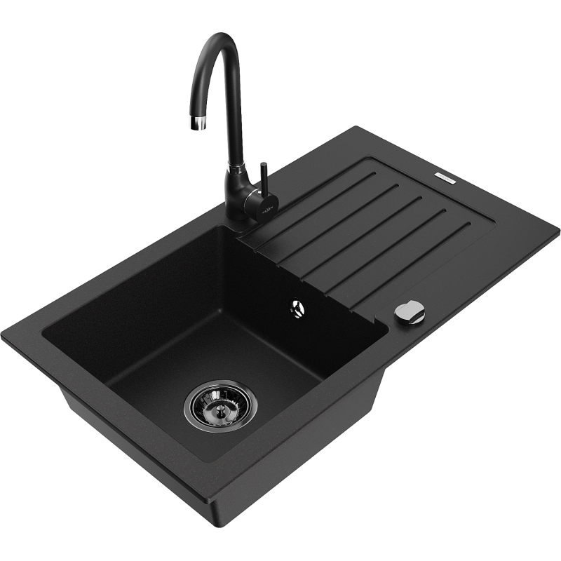 Mexen Pablo granitový dřez 1-komorový s odkapávačem a kuchyňskou baterií Telma, černý - 6510-77-670200-70-B