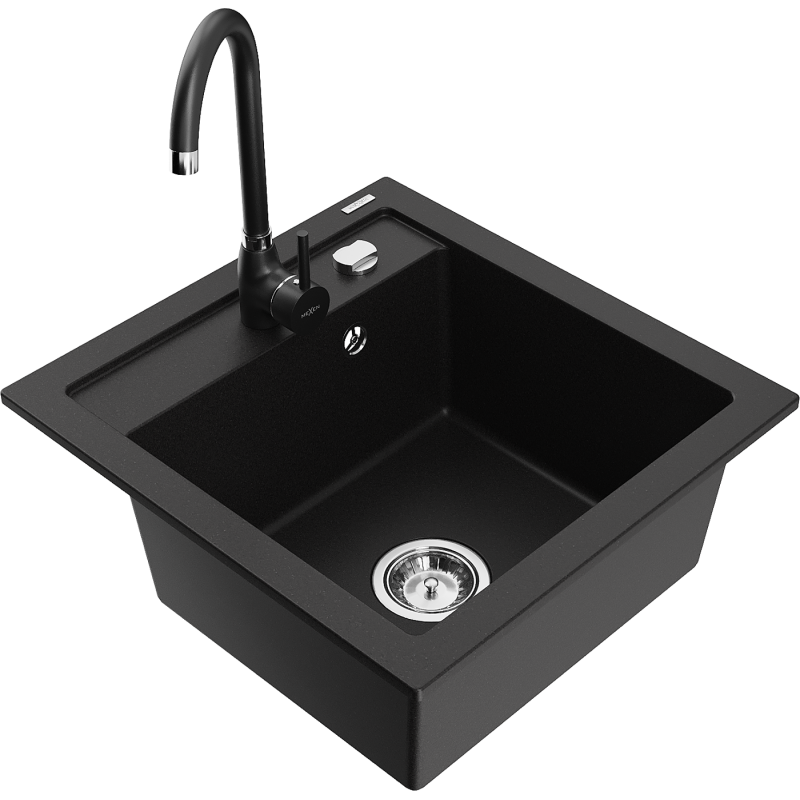 Mexen Vito granitový dřez 1-komorový s kuchyňskou baterií Telma, černý - 6503-77-670200-70