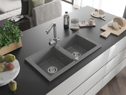 Mexen Mario dvoukomorový granitový dřez s kuchyňskou baterií Duero, šedý - 6504-71-671600-00