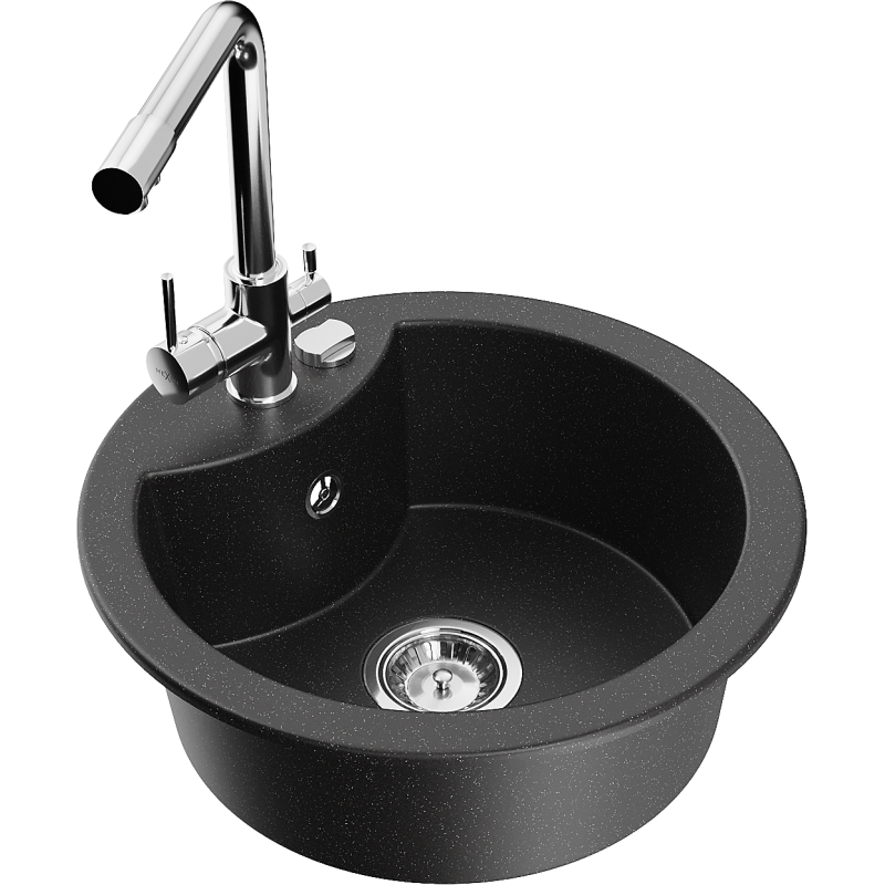 Mexen Diego granitový dřez 1-komorový s kuchyňskou baterií Duero, černý/stříbrný metalik - 6512-73-671600-00