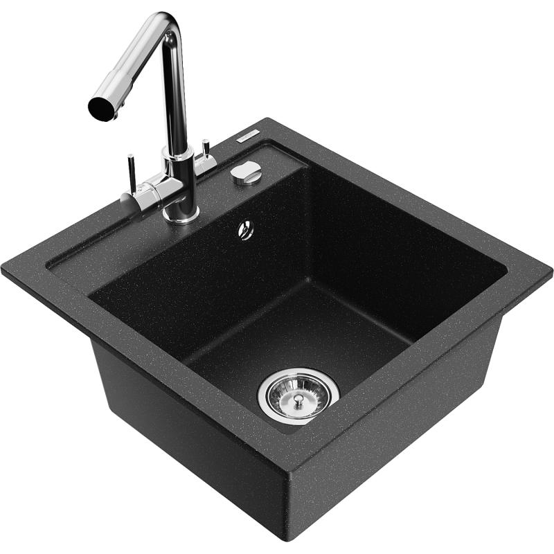 Mexen Vito granitový dřez 1-komorový s kuchyňskou baterií Duero, černý/stříbrný metalik - 6503-73-671600-00