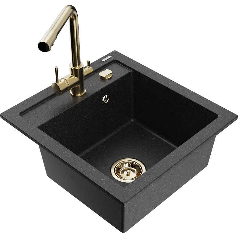 Mexen Vito granitový dřez 1-komorový s kuchyňskou baterií Duero, černý/stříbrný metalik - 6503-73-671600-50