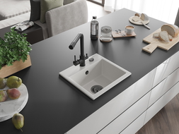 Mexen Milo granitový dřez s 1 komorou a kuchyňskou baterií Duero, bílý - 6505-20-671600-70