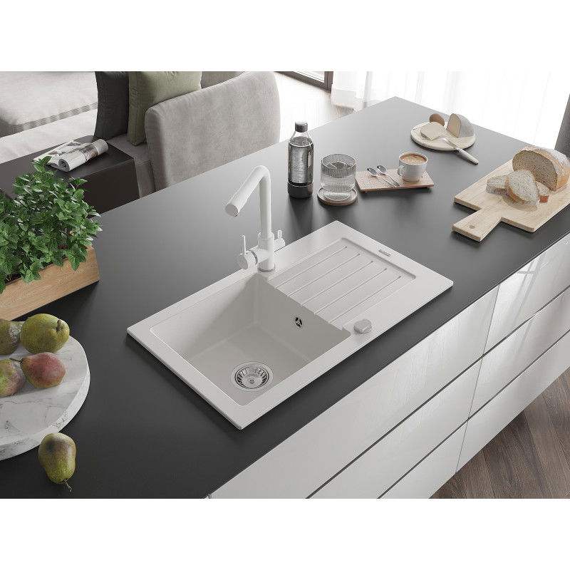 Mexen Pablo granitový dřez 1-komorový s odkapávačem a kuchyňskou baterií Duero, bílý - 6510-20-671600-20