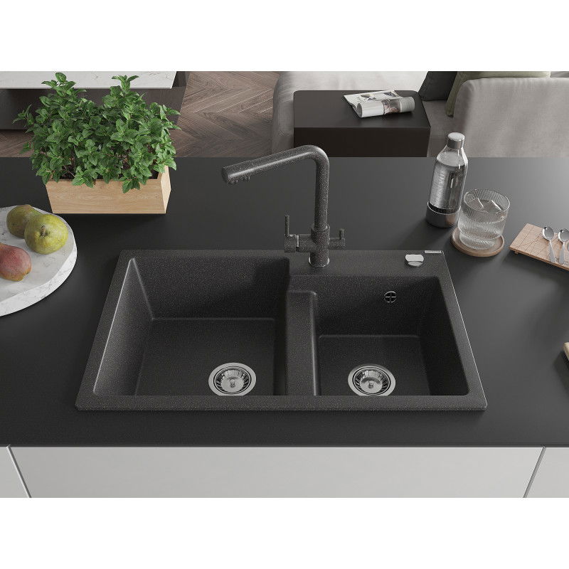 Mexen Tomas dvoukomorový granitový dřez s kuchyňskou baterií Duero, černý skvrnitý - 6516-76-671600-76