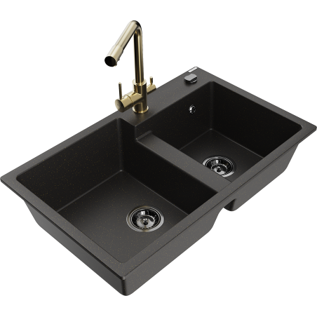 Mexen Tomas granitový dřez dvoukomorový s kuchyňskou baterií Duero, černý/zlatý metalik - 6516-75-671600-50-B