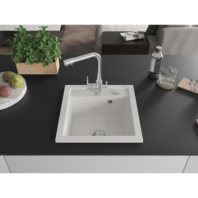 Mexen Vito granitový dřez s 1 komorou a kuchyňskou baterií Duero, bílý - 6503-20-671600-00