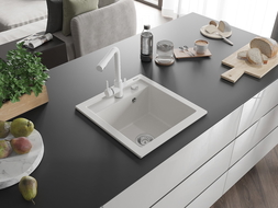 Mexen Vito jednodřezový granitový dřez s kuchyňskou baterií Duero, bílý - 6503-20-671600-20