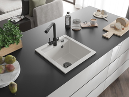 Mexen Vito granitový dřez 1-komorový s kuchyňskou baterií Duero, bílý - 6503-20-671600-70