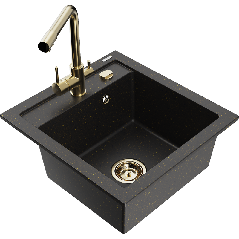 Mexen Vito granitový dřez 1-komorový s kuchyňskou baterií Duero, černý/zlatý metalík - 6503-75-671600-50