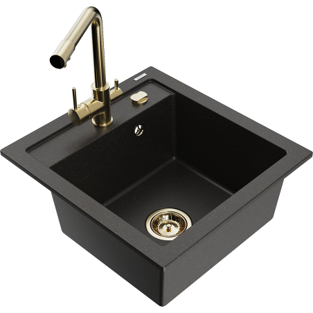 Mexen Vito granitový dřez 1-komorový s kuchyňskou baterií Duero, černý/zlatý metalík - 6503-75-671600-50