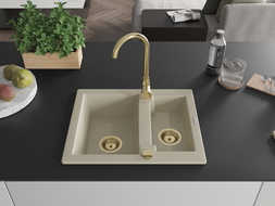 Mexen Carlos granitový dřez 1,5-komorový s kuchyňskou baterií Telma, béžový - 6518-69-670200-50