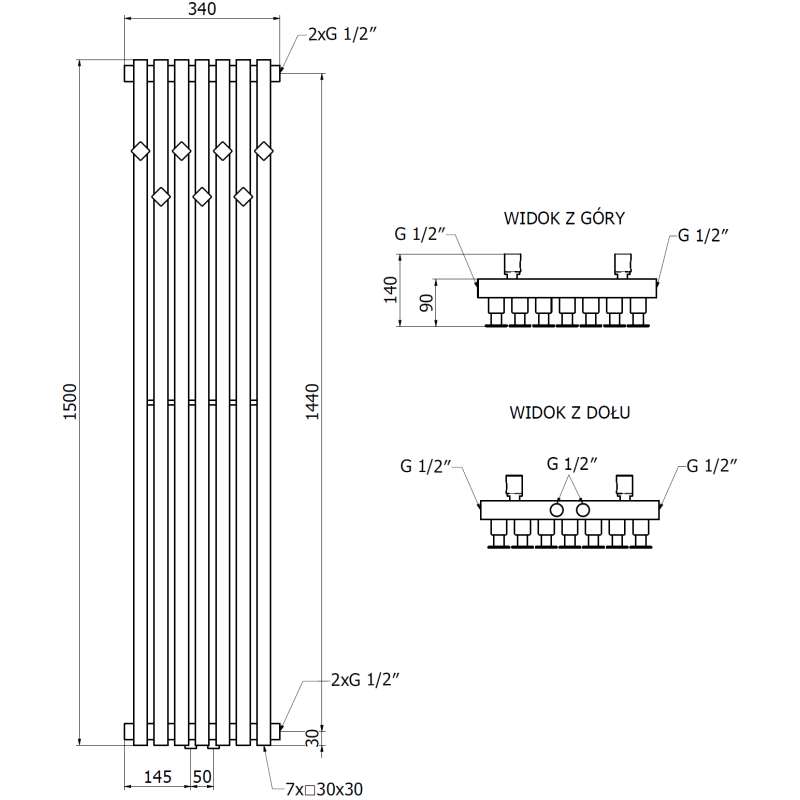 Mexen Flux designový koupelnový radiátor 1500 x 340 mm, 630 W, antracit - W127-1500-360-00-66