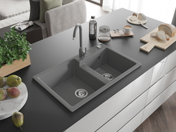 Mexen Tomas žulový dřez dvoukomorový s kuchyňskou baterií Telma, šedý - 6516-71-670200-71