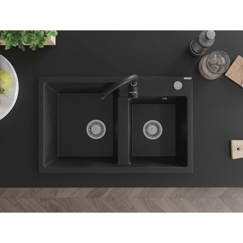 Mexen Tomas dřez granitový 2-komorový s kuchyňskou baterií Telma, černý/stříbrný metalik - 6516-73-670200-70