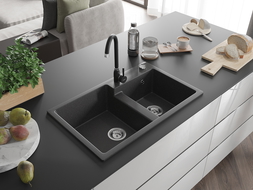 Mexen Tomas dřez granitový 2-komorový s kuchyňskou baterií Telma, černý kropenatý - 6516-76-670200-70