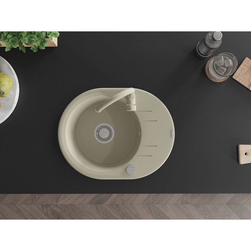 Mexen Kevin granitový dřez s 1 komorou a odkapávačem a kuchyňskou baterií Telma, béžový - 6517-69-670200-69