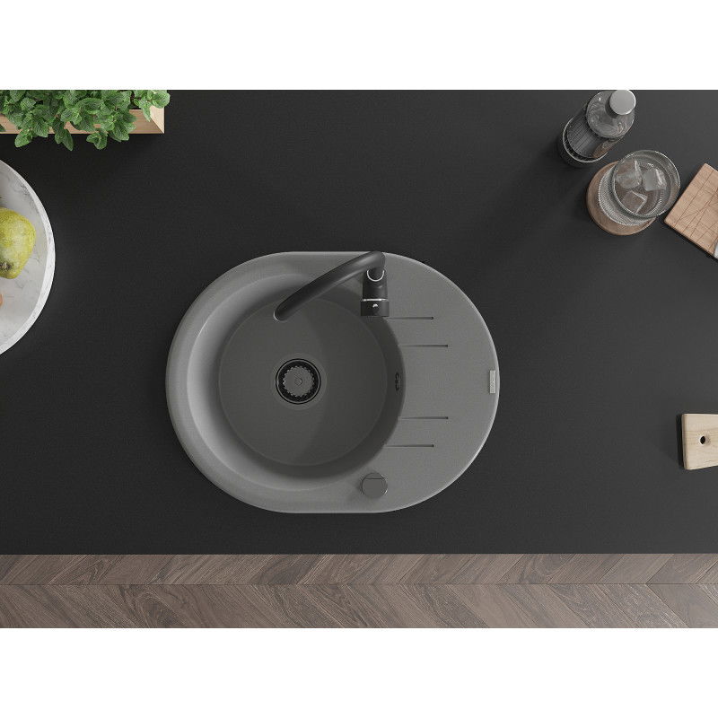 Mexen Kevin granitový kuchyňský dřez jednodřezový s odkapávačem a kuchyňskou baterií Telma, šedý - 6517-71-670200-70-B