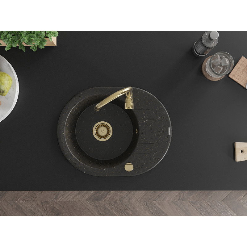 Mexen Kevin granitový dřez s 1 komorou a odkapem a kuchyňskou baterií Telma, černý/zlatý metalik - 6517-75-670200-50