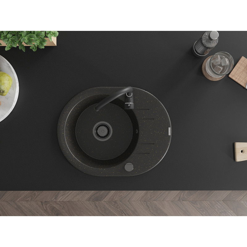 Mexen Kevin granitový dřez 1-komorový s odkapávačem a kuchyňskou baterií Telma, černý/zlatý metalik - 6517-75-670200-70-B