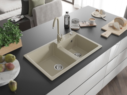 Mexen Tomas granitový dřez 2-komorový 800 x 500 mm, béžový, chromový sifon - 6516802000-69