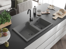 Mexen Tomas žulový kuchyňský dřez s 2 komorami 800 x 500 mm, šedý, černý sifon - 6516802000-71-B